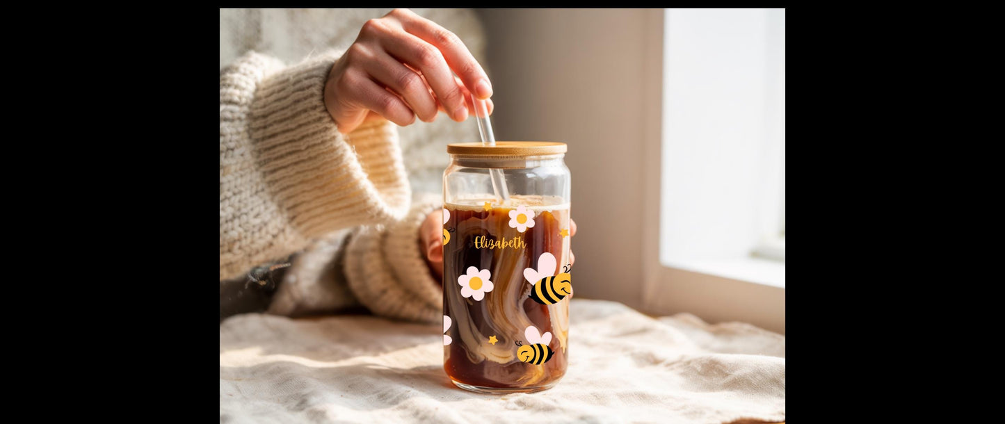 Cute Bee Sipper Glass, 16oz - Summer Drinkware, Eco-Friendly Glass Cup, Travel Mug, Bee-Themed Gift, Perfect for Picnics