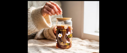 Cute Bee Sipper Glass, 16oz - Summer Drinkware, Eco-Friendly Glass Cup, Travel Mug, Bee-Themed Gift, Perfect for Picnics