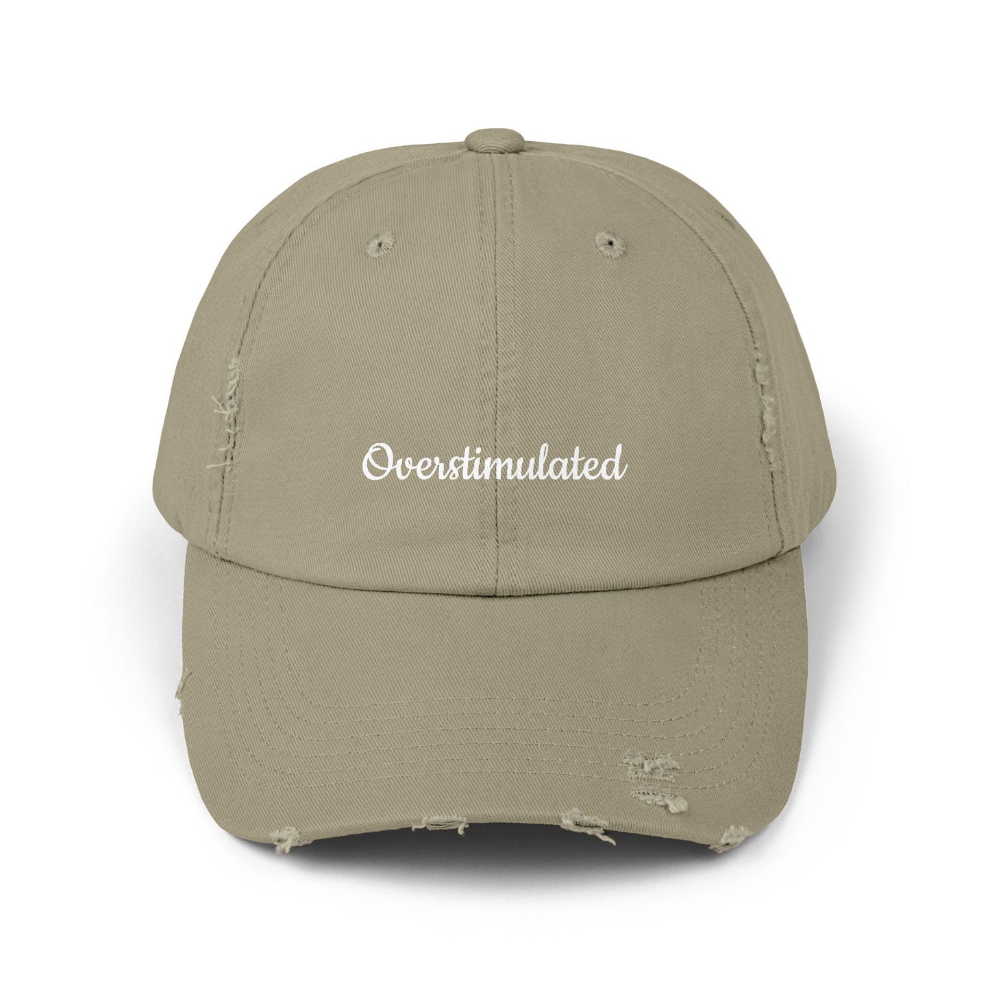 Embroidered Distressed Cap, 'Overstimulated' Quotes, Trendy Apparel, Gift for Friends, Casual Headwear, Unique Style