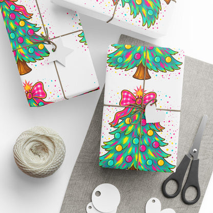 Christmas Wrapping Paper Roll - Colorful Tree and Bow Designs, Holiday Gift Wrap, Festive Paper, Unique Christmas Decor