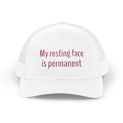 My resting face is permanent Snapback Trucker Cap - Fun Quote, Gift for Friends, Casual Wear, Summer Accessory, Sassy Statement Hat