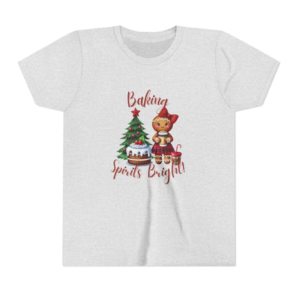 Festive Baking Tee, Christmas T-Shirt, Youth Holiday Apparel, Gifts for Kids, Cute Christmas Shirt, Baking Spirits Bright Tee