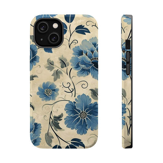Impact-Resistant Floral iPhone Cases, Blue Flower Case, Magnetic Phone Cover, Cell Phone Accessories, Stylish Gift for Her