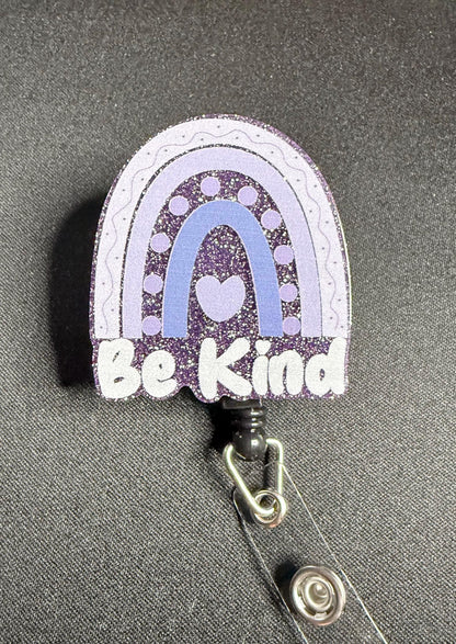 Be Kind Badge Reel, Purple and  Blue Rainbow ID Holder for Nurses, Teachers and Healthcare Workers