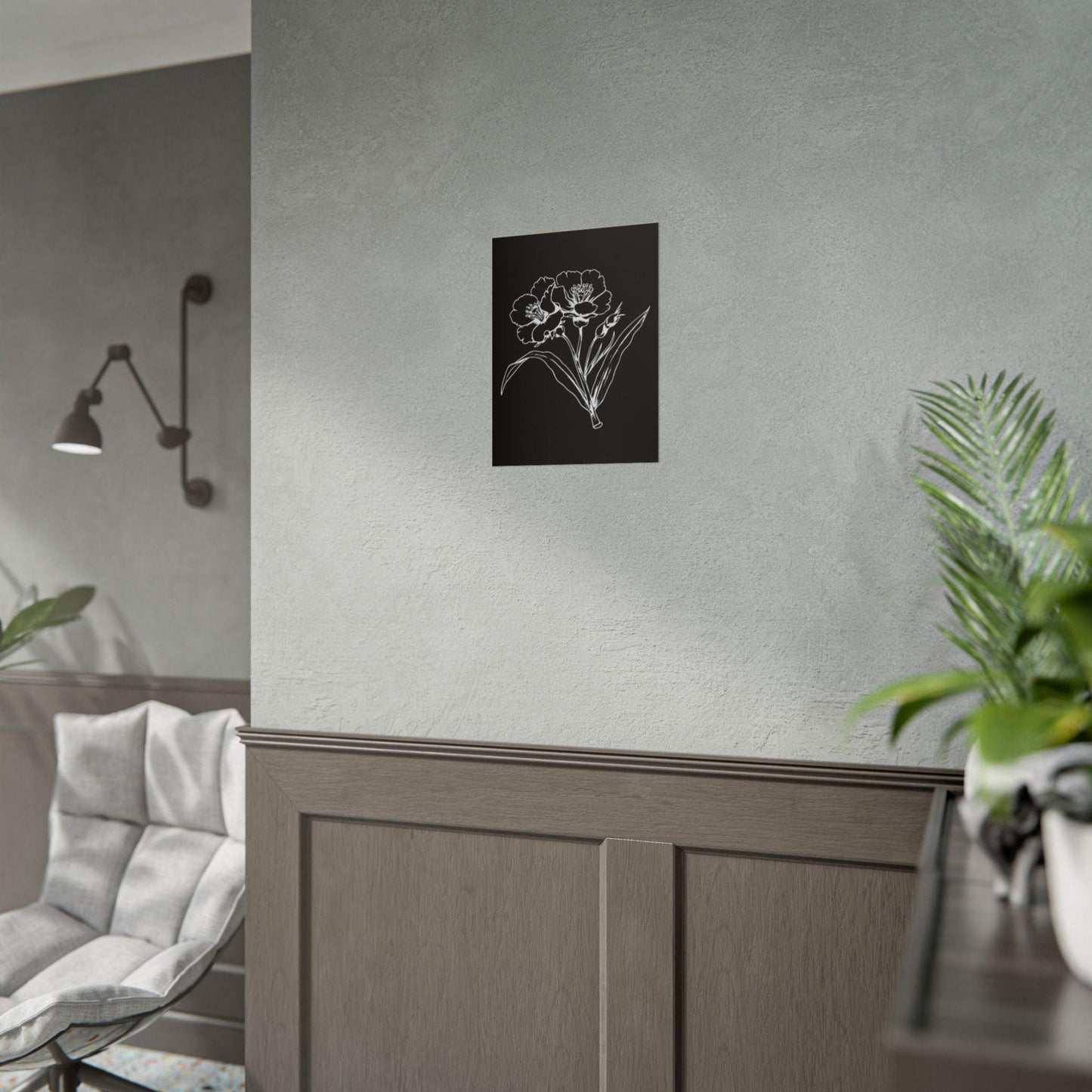 Elegant Floral Art Print: Minimalist Black and White Botanical Poster