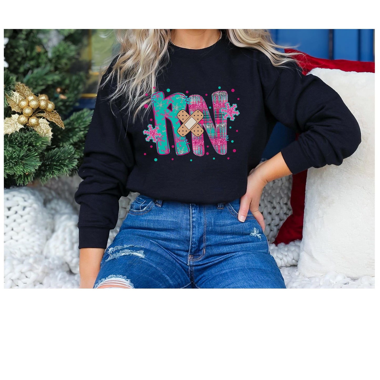 RN with a Bandage, snowflake sweater, Nurse crewneck sweatshirt, colorful bandage graphic, medical theme, Nurse Gift, Holiday Nurse Gift