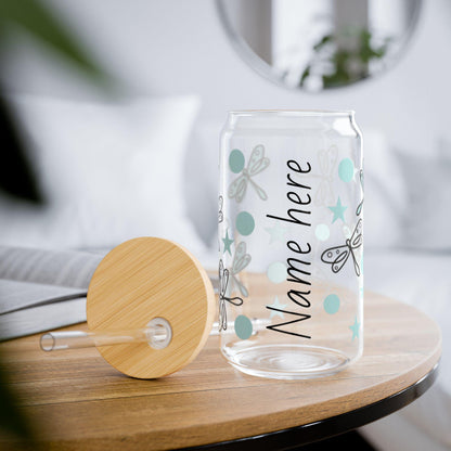 Personalized Dragonfly Sipper Glass, 16oz | Unique Name Here Drinkware, Gift for Her, Eco-friendly Straw Glass, Cute Party Favor