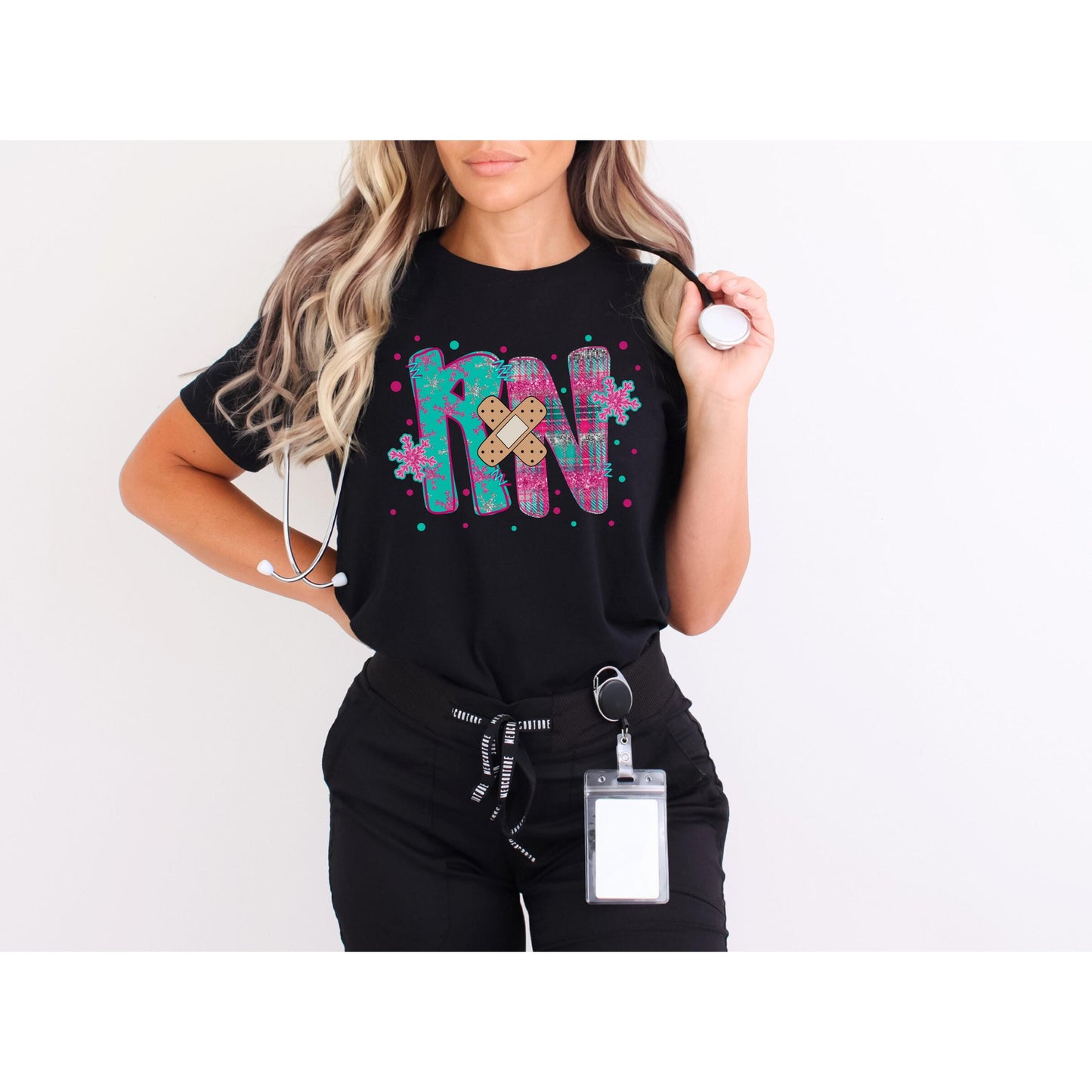 RN Bandage Letters T-Shirt, Nurse Initials, Medical Patchwork Design, Winter Pattern
