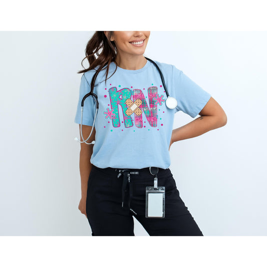RN Bandage Letters T-Shirt, Nurse Initials, Medical Patchwork Design, Winter Pattern
