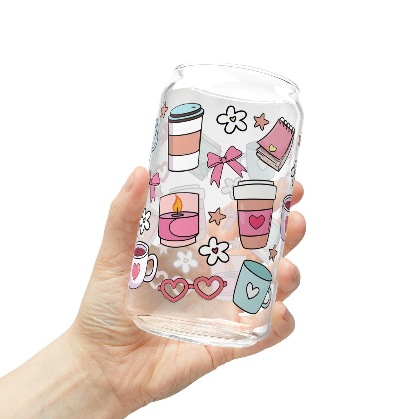 Cute Coffee and Sipper Glass, 16oz - Fun Drinkware, Stylish Straw Glass, Gift for Coffee Lovers, Cute Kitchen Decor, Valentine's Day Gifts