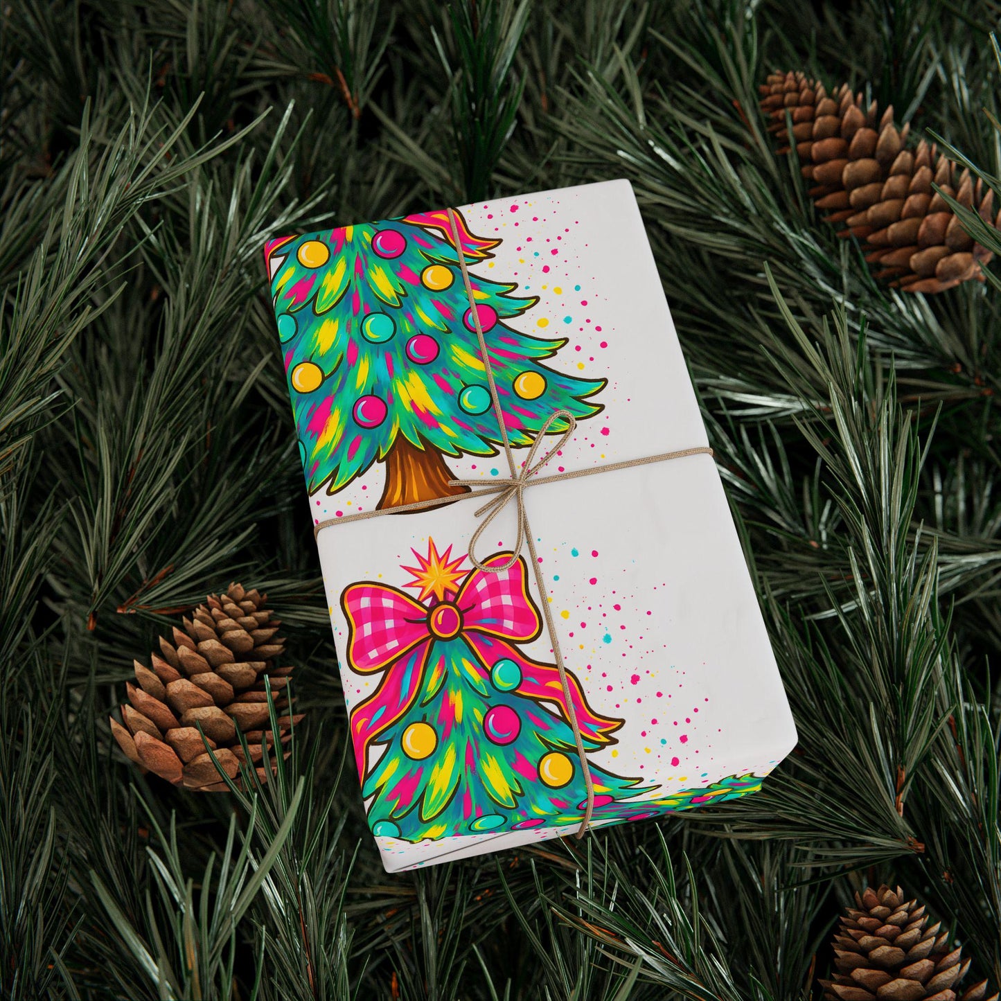 Christmas Wrapping Paper Roll - Colorful Tree and Bow Designs, Holiday Gift Wrap, Festive Paper, Unique Christmas Decor