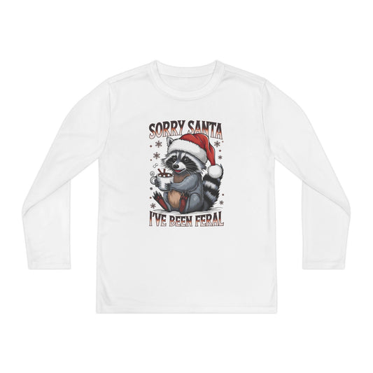 Youth Long Sleeve Holiday Tee - Cute Santa Raccoon, Christmas Gift, Festive Apparel, Youth T-Shirt, Cartoon Design
