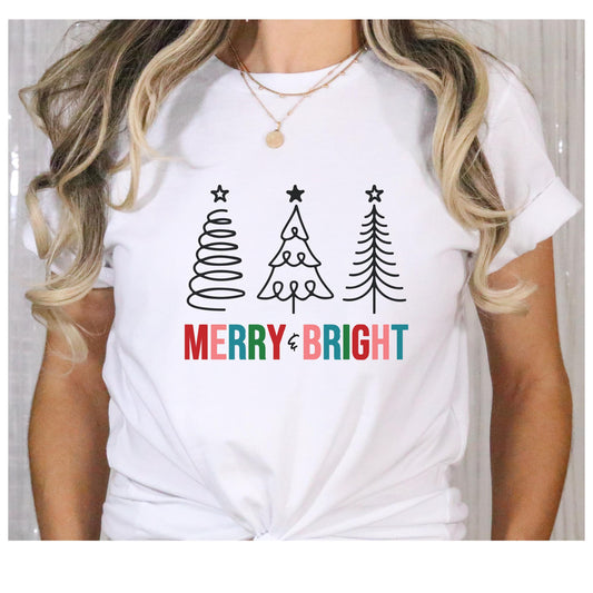 Merry & Bright Christmas Tree Shirt, Holiday Graphic Tee, Holiday Gift Shirt, Unisex Holiday Apparel, Festive T-Shirt, Winter Wear