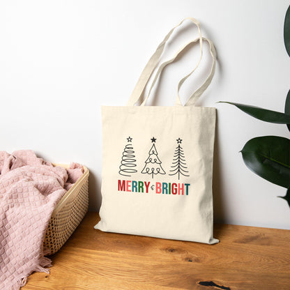 Merry & Bright Cotton Canvas Tote Bag, Holiday Gift Bag, Eco-friendly Shopping Tote, Christmas Bag, Cute Grocery Tote, Reusable Tote