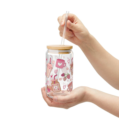 Cute Coffee Theme Sipper Glass with Straw, Perfect for Gifts, Summer Parties, Weddings, Picnics, Kids' Celebrations