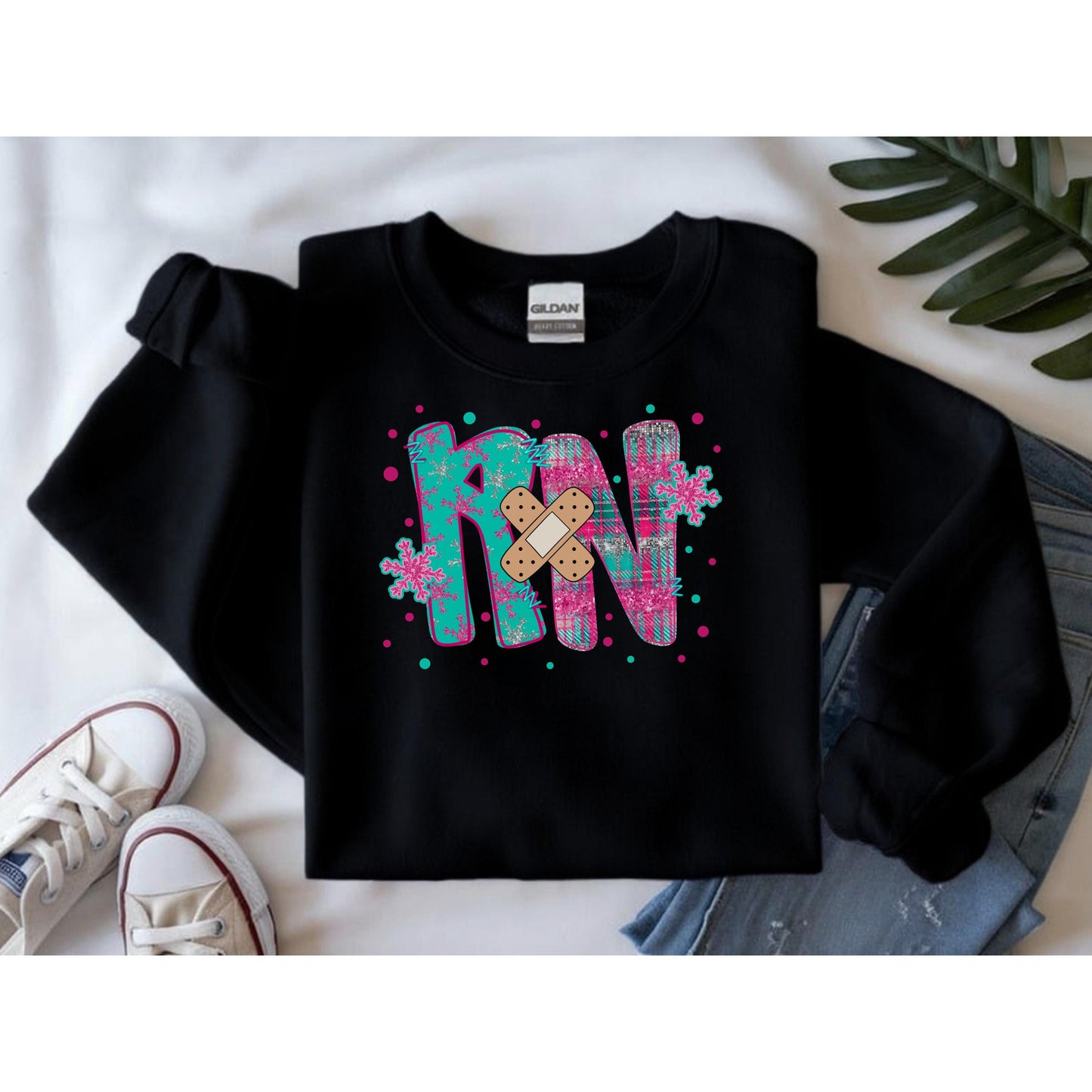 RN with a Bandage, snowflake sweater, Nurse crewneck sweatshirt, colorful bandage graphic, medical theme, Nurse Gift, Holiday Nurse Gift