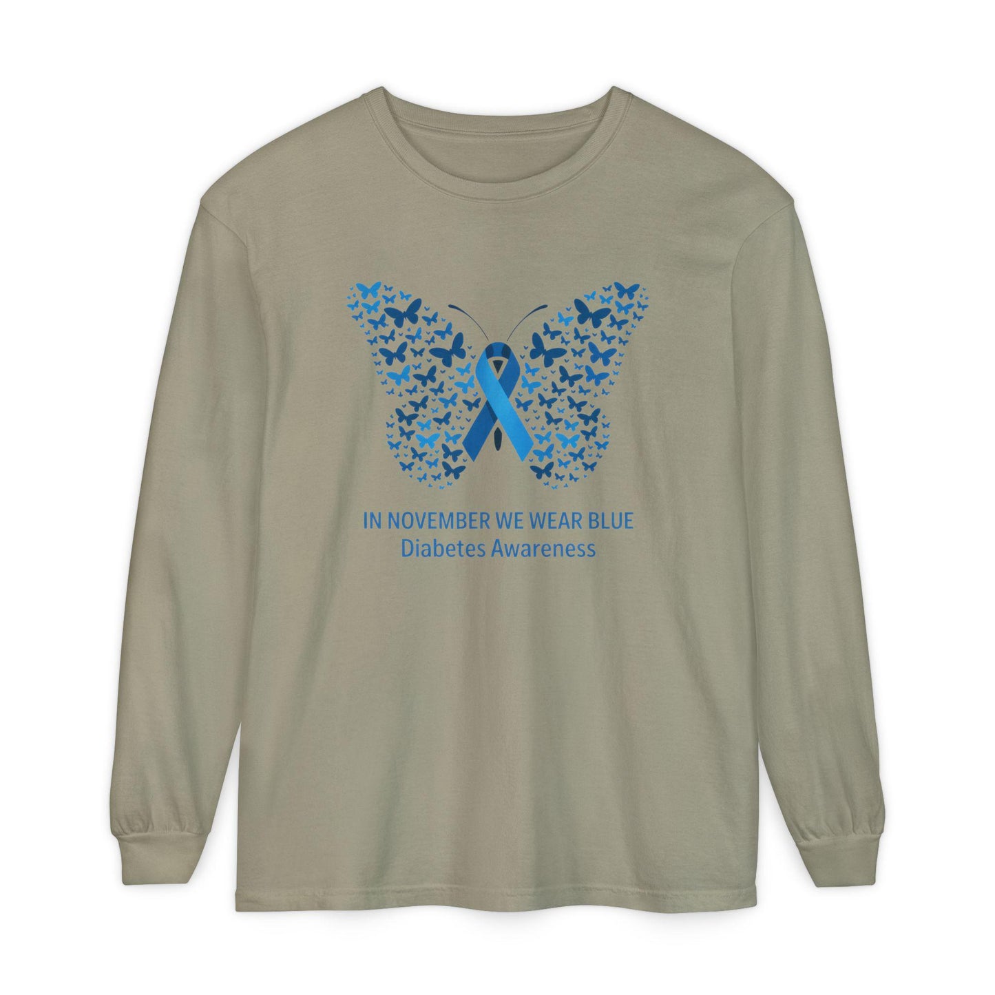 Blue Butterfly Diabetes Awareness Long Sleeve T-Shirt, Unisex Awareness Tee, Gifts for Diabetic Friends, October Diabetes Month, T1D