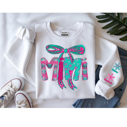 Custom Floral Bow Sweatshirt for Mimi's , Cozy Crewneck, Mother's Day Gift, Birthday Present, Casual Wear, Winter sweater