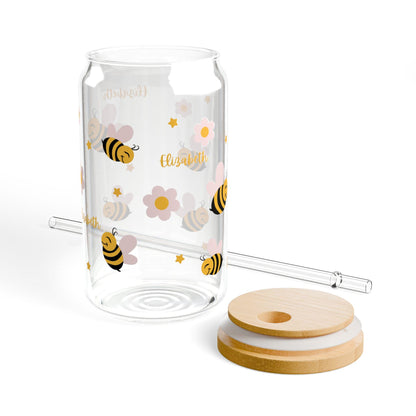 Cute Bee Sipper Glass, 16oz - Summer Drinkware, Eco-Friendly Glass Cup, Travel Mug, Bee-Themed Gift, Perfect for Picnics