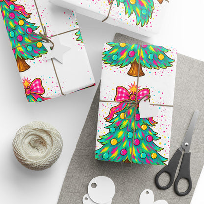 Christmas Wrapping Paper Roll - Colorful Tree and Bow Designs, Holiday Gift Wrap, Festive Paper, Unique Christmas Decor