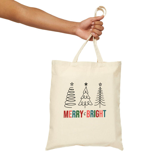 Merry & Bright Cotton Canvas Tote Bag, Holiday Gift Bag, Eco-friendly Shopping Tote, Christmas Bag, Cute Grocery Tote, Reusable Tote