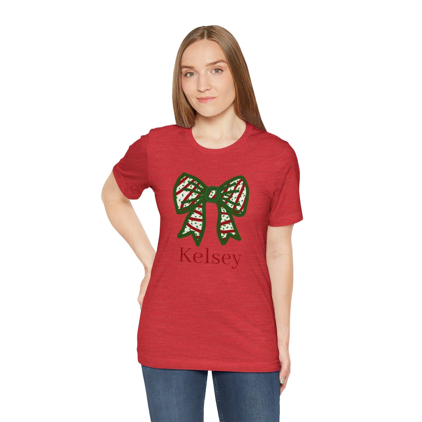 Personalized Christmas Bow Graphic Tee, Holiday Shirt, Unisex T-Shirt for Festive Gatherings, Gift Idea for Her, Custom Name Tee
