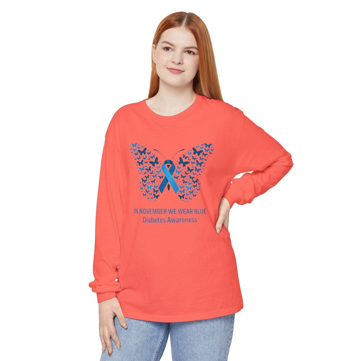 Blue Butterfly Diabetes Awareness Long Sleeve T-Shirt, Unisex Awareness Tee, Gifts for Diabetic Friends, October Diabetes Month, T1D