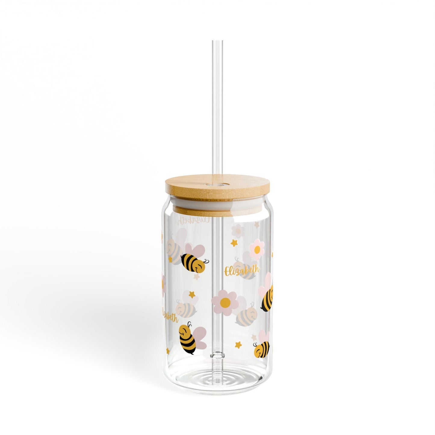 Cute Bee Sipper Glass, 16oz - Summer Drinkware, Eco-Friendly Glass Cup, Travel Mug, Bee-Themed Gift, Perfect for Picnics