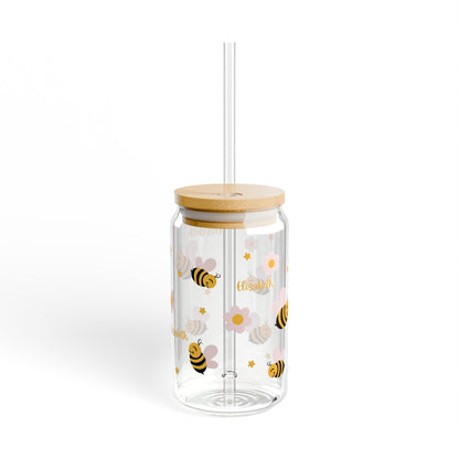 Cute Bee Sipper Glass, 16oz - Summer Drinkware, Eco-Friendly Glass Cup, Travel Mug, Bee-Themed Gift, Perfect for Picnics
