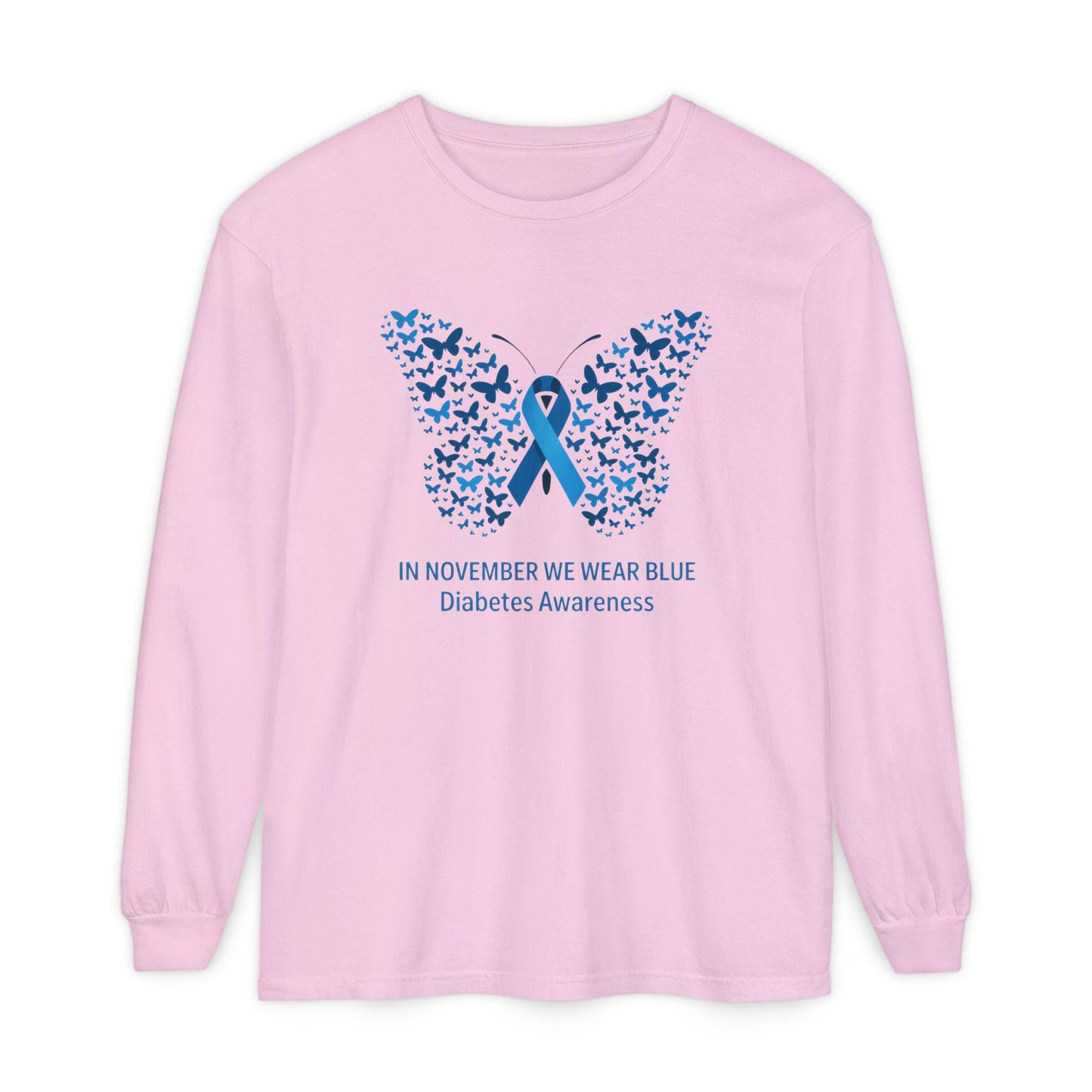 Blue Butterfly Diabetes Awareness Long Sleeve T-Shirt, Unisex Awareness Tee, Gifts for Diabetic Friends, October Diabetes Month, T1D