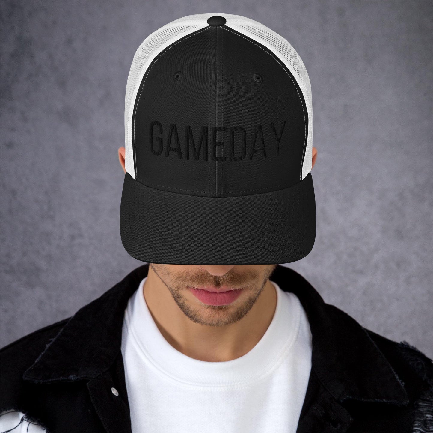 PUFF EMBROIDERY Trucker hat, black on black, GAMEDAY