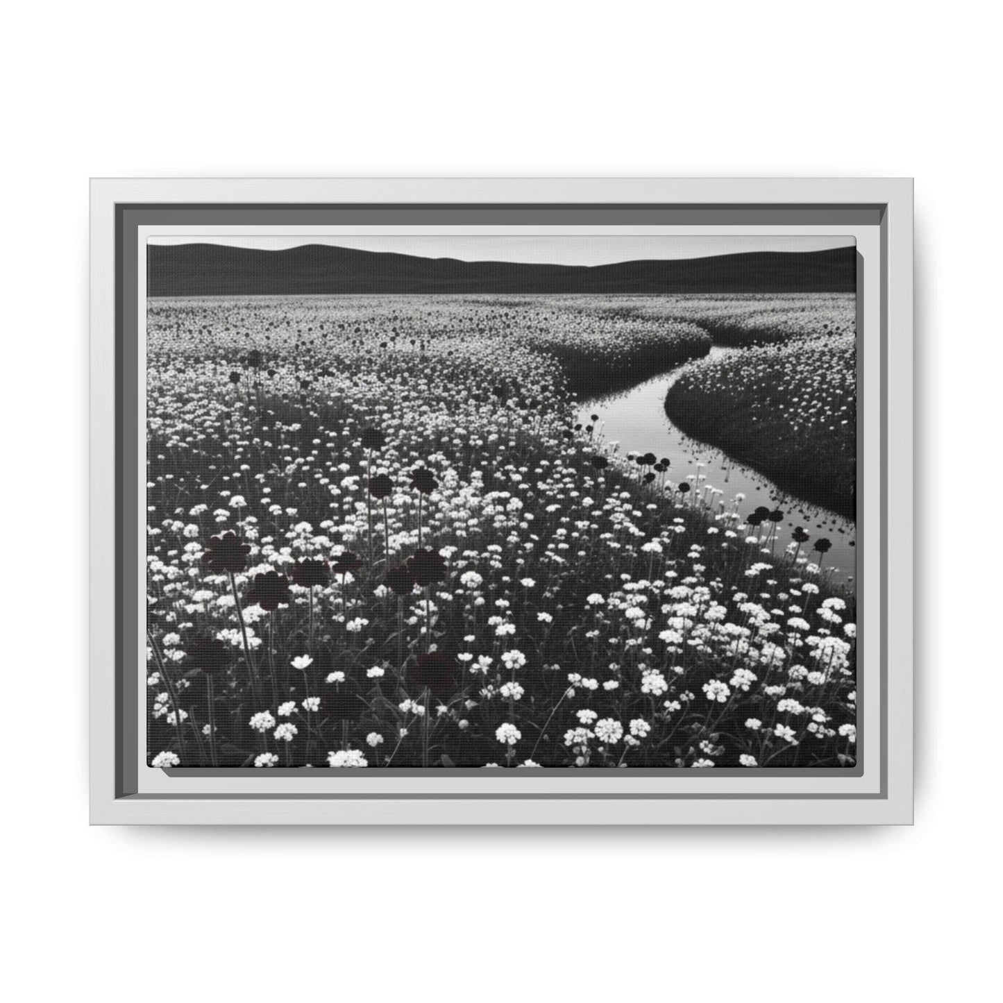 Framed Floral Landscape Canvas Print: Black and White Nature Decor