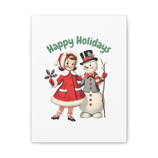 Retro Christmas Canvas Art: Girl and Snowman Holiday Wall Decor