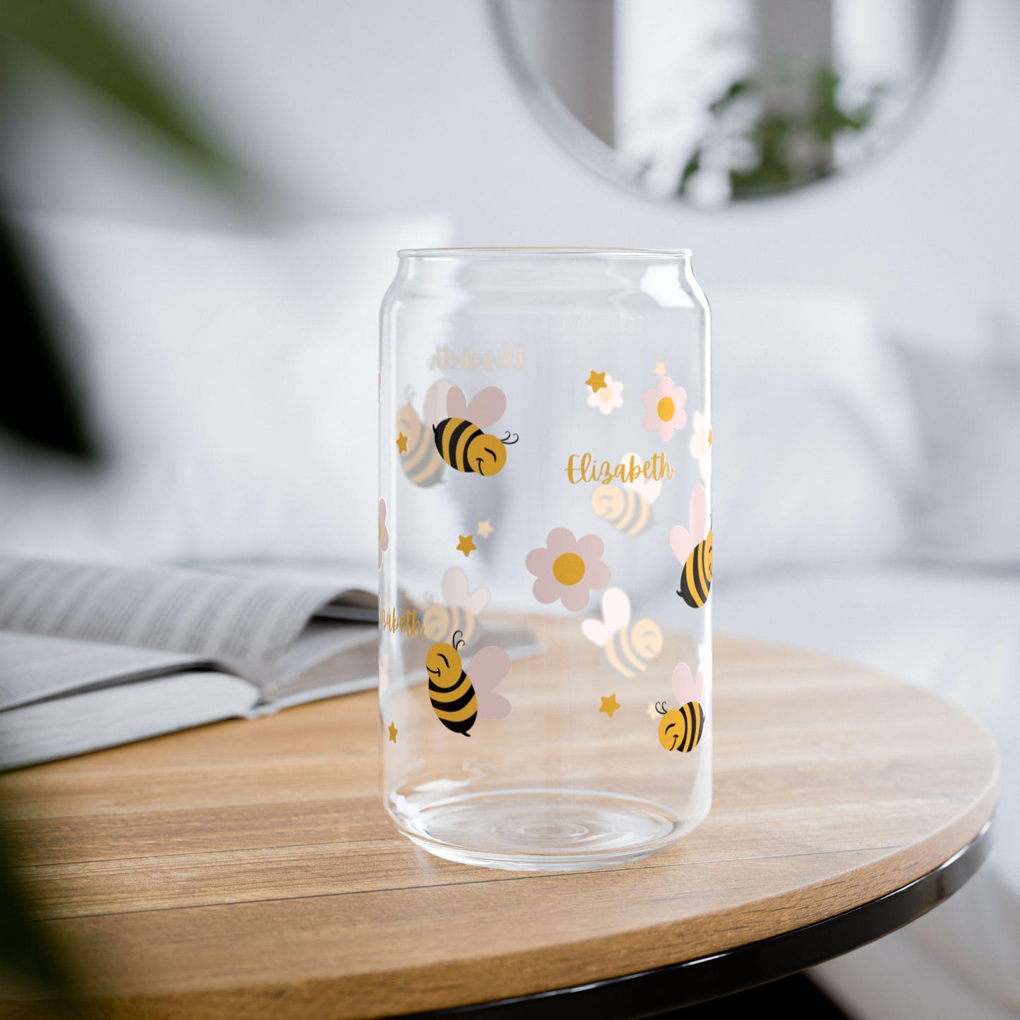 Cute Bee Sipper Glass, 16oz - Summer Drinkware, Eco-Friendly Glass Cup, Travel Mug, Bee-Themed Gift, Perfect for Picnics
