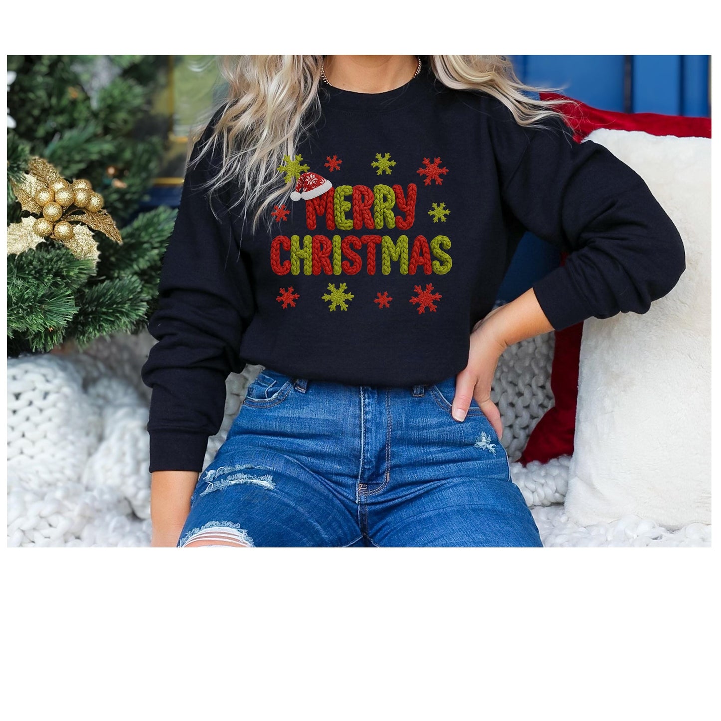 Faux Yarn Merry Christmas Crewneck Sweatshirt, Holiday Apparel, Winter Fashion, Cozy Gift, Unisex Sweatshirt, Cute sweater, Cozy Sweater