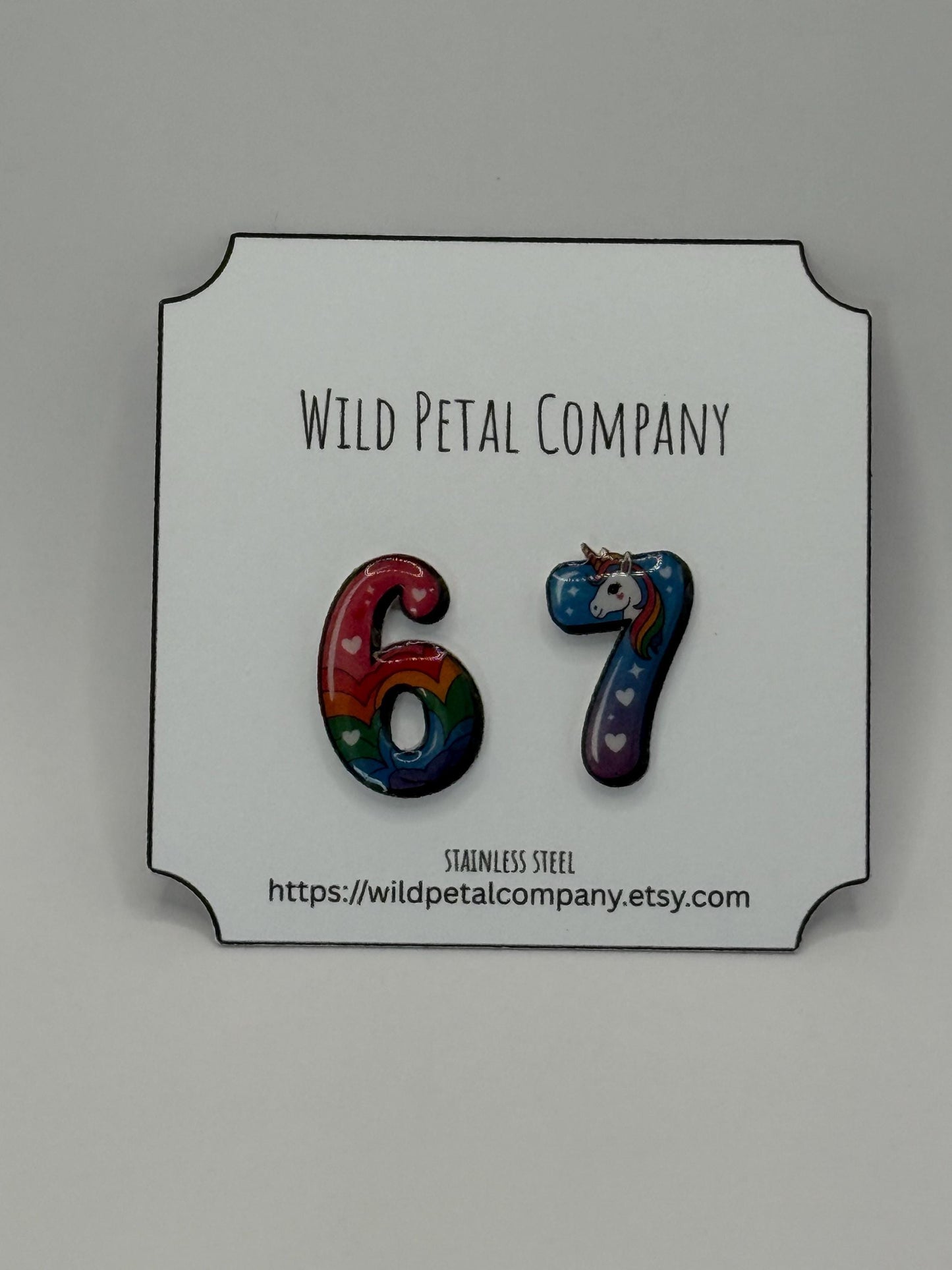 6 7 Unicorn & Rainbow Number Earrings – Stainless Steel. Six seven Earrings