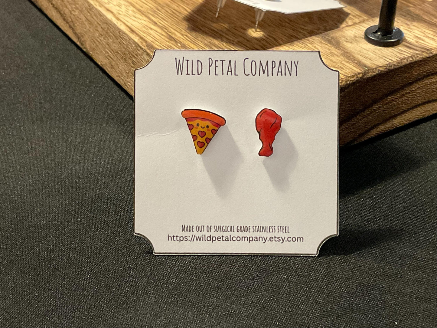 Pizza and chicken wing earrings. Quirky earrings