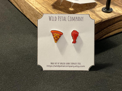 Pizza and chicken wing earrings. Quirky earrings