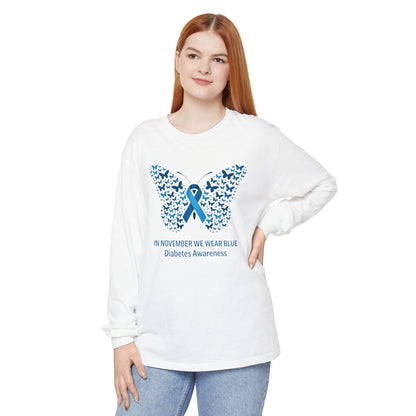 Blue Butterfly Diabetes Awareness Long Sleeve T-Shirt, Unisex Awareness Tee, Gifts for Diabetic Friends, October Diabetes Month, T1D