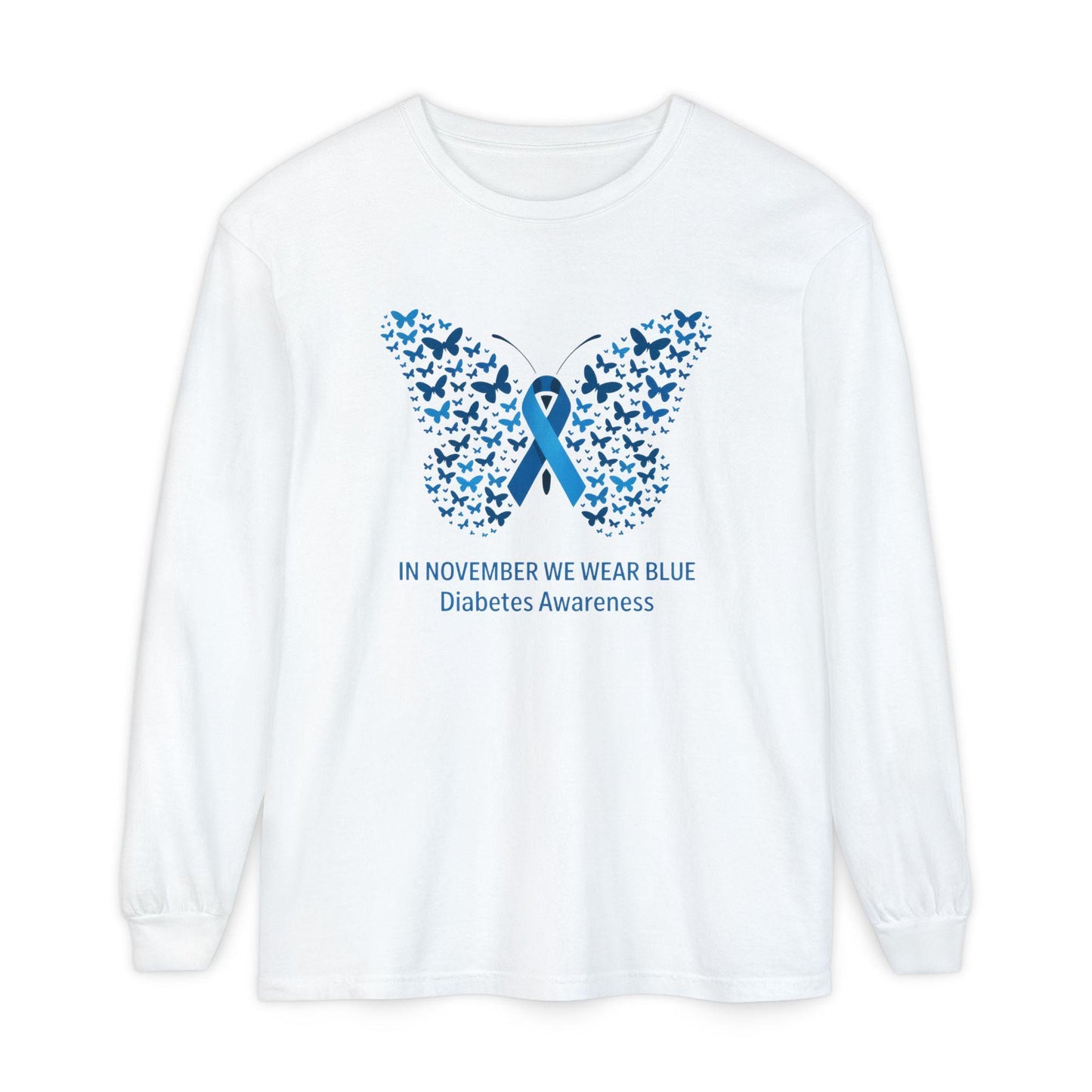 Blue Butterfly Diabetes Awareness Long Sleeve T-Shirt, Unisex Awareness Tee, Gifts for Diabetic Friends, October Diabetes Month, T1D