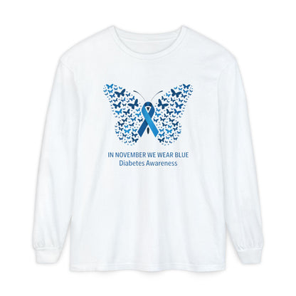 Blue Butterfly Diabetes Awareness Long Sleeve T-Shirt, Unisex Awareness Tee, Gifts for Diabetic Friends, October Diabetes Month, T1D