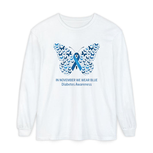 Blue Butterfly Diabetes Awareness Long Sleeve T-Shirt, Unisex Awareness Tee, Gifts for Diabetic Friends, October Diabetes Month, T1D