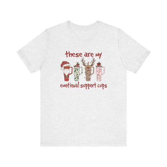 Funny Christmas Coffee T-Shirt, Holiday Emotional Support Cups Tee, Santa Reindeer Mug Shirt, Xmas Graphic Unisex Top