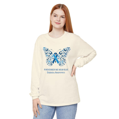 Blue Butterfly Diabetes Awareness Long Sleeve T-Shirt, Unisex Awareness Tee, Gifts for Diabetic Friends, October Diabetes Month, T1D