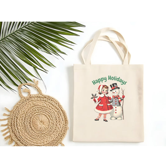Happy Holidays Cotton Canvas Tote Bag, vintage,  Reusable Eco-Friendly Gift Bag for Christmas, Shopping, Beach, Grocery, Friends