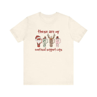 Funny Christmas Coffee T-Shirt, Holiday Emotional Support Cups Tee, Santa Reindeer Mug Shirt, Xmas Graphic Unisex Top