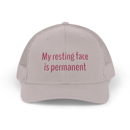 My resting face is permanent Snapback Trucker Cap - Fun Quote, Gift for Friends, Casual Wear, Summer Accessory, Sassy Statement Hat