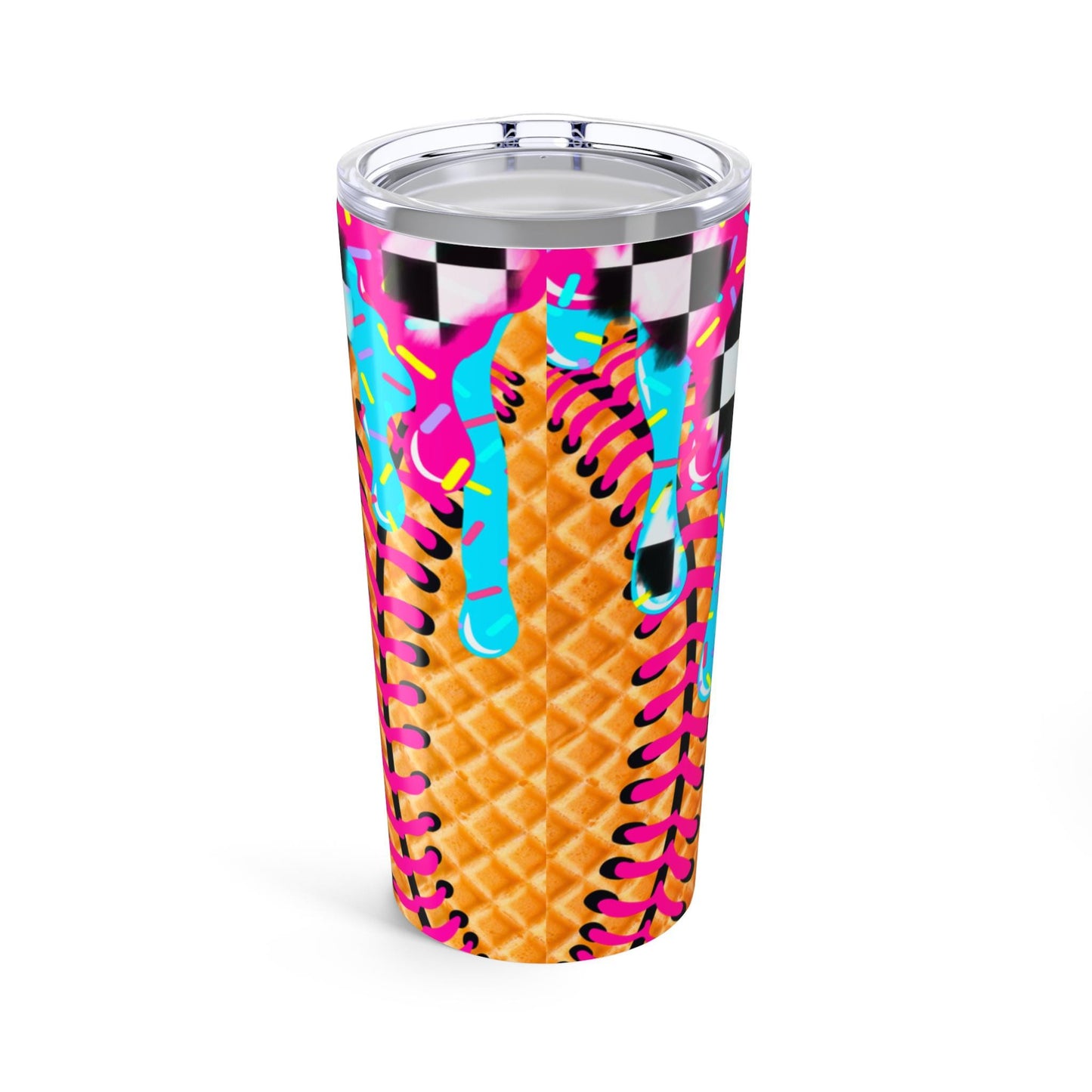 Ice Cream Cone Tumbler with Sprinkles & Checkered Drip. Fun Summer Drinkware, Drippy gift