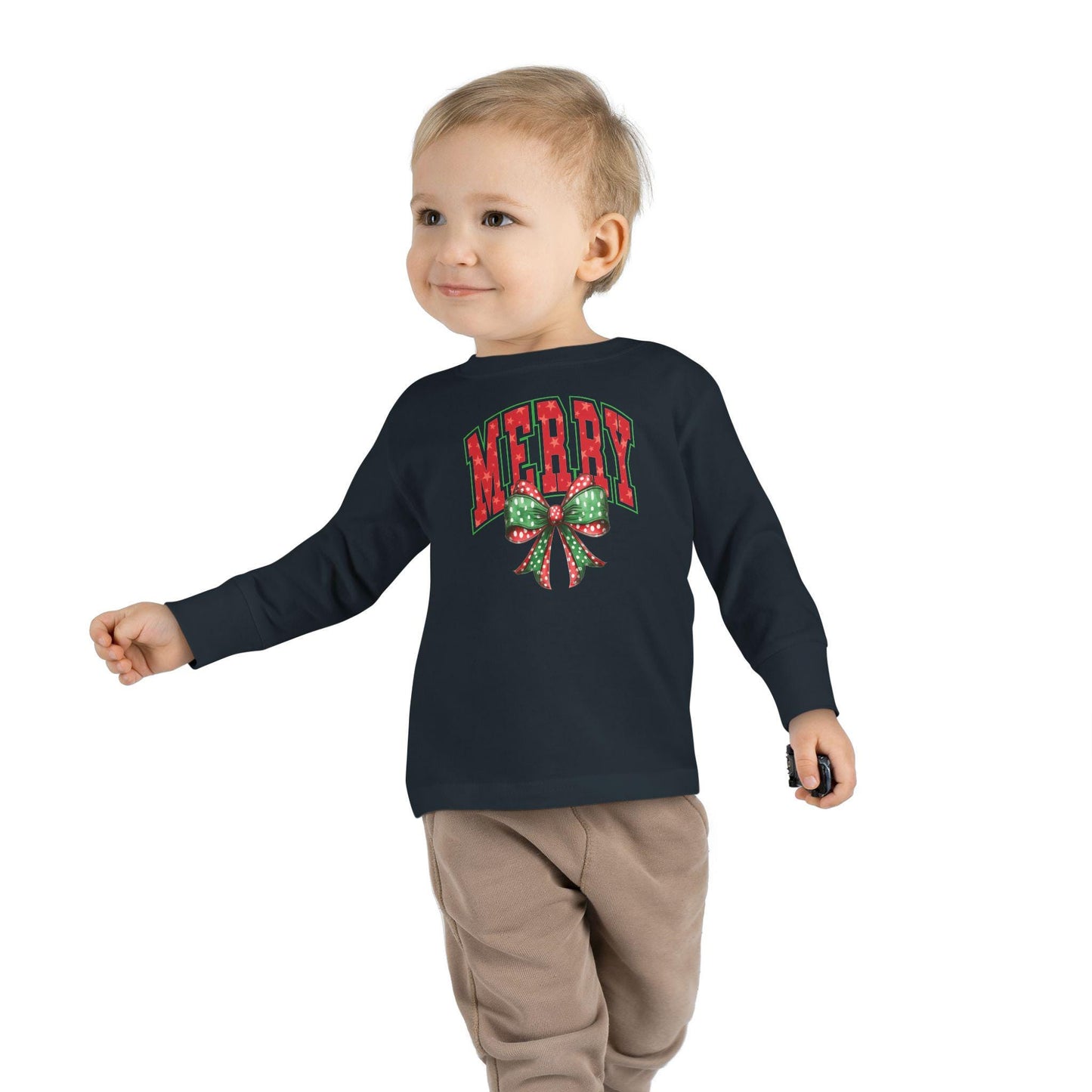 Merry Toddler Long Sleeve Tee - Cute Holiday Shirt for Kids, Christmas Gift, Festive Outfit, Seasonal Playwear, Joyful Celebration Apparel