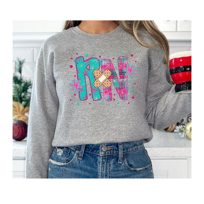RN with a Bandage, snowflake sweater, Nurse crewneck sweatshirt, colorful bandage graphic, medical theme, Nurse Gift, Holiday Nurse Gift